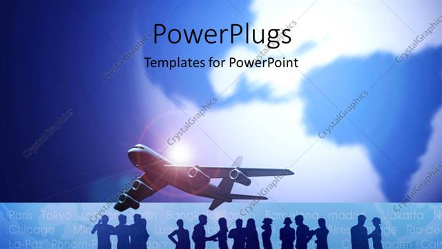  Presentation with travel globe - Earth globe faded in background with airplane and silhouette of people