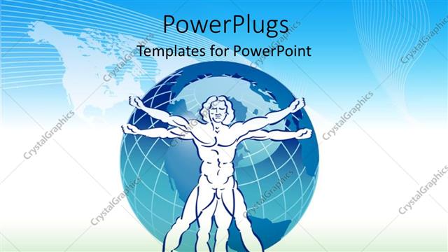  Presentation with stylized - Earth globe over world map in background with stylized drawing of man