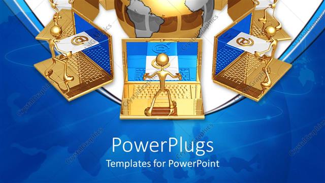  Presentation with email - Earth globe surrounded by gold plated men carry email messages on laptop