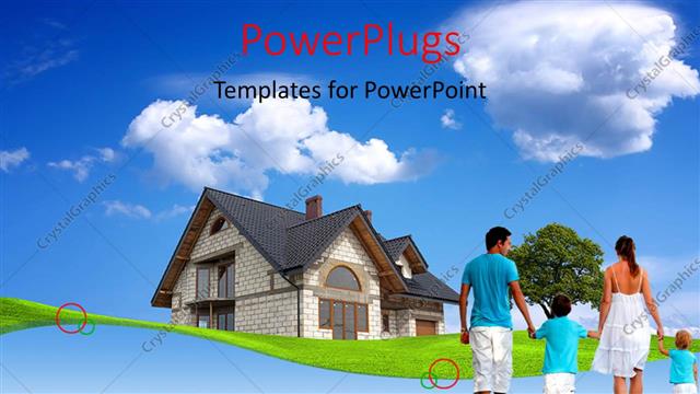  Presentation with family - Happy family of four with beautiful house over blue cloudy sky
