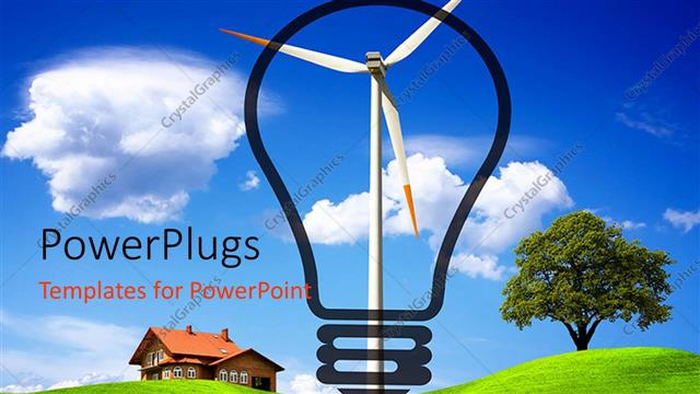  Presentation with blue green - Ecologic energy with windmill framed by designed classic light bulb and home scenery with tree green grass and bright blue sky