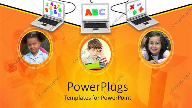  Presentation with three - Education connected to three laptops with alphabets, numerals, and arithmetic operators