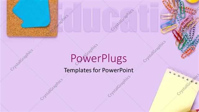  Presentation with notebook paper - Education theme with education word partially visible, blue arrow pinned to display board, paper pins, small notebook and red pencil