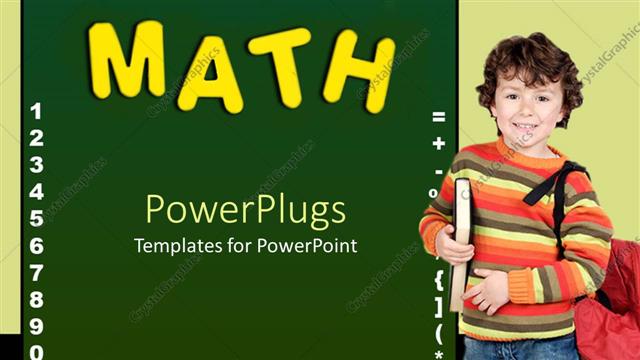  Presentation with math - Education theme with green chalkboard and math word written with yellow letters, alphabet and numbers and a boy pupil holding a book and a schoolbag