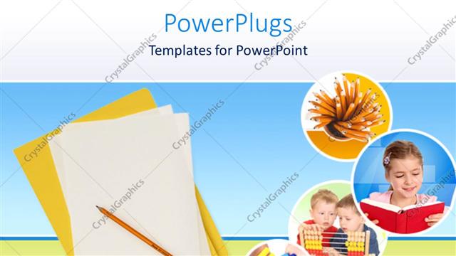  Presentation with magnet - Education theme with yellow folder and white papers with pencil, and four small icons depicting pencils, girl reading a book, two little boys calculating and kid hands holding magnet numbers