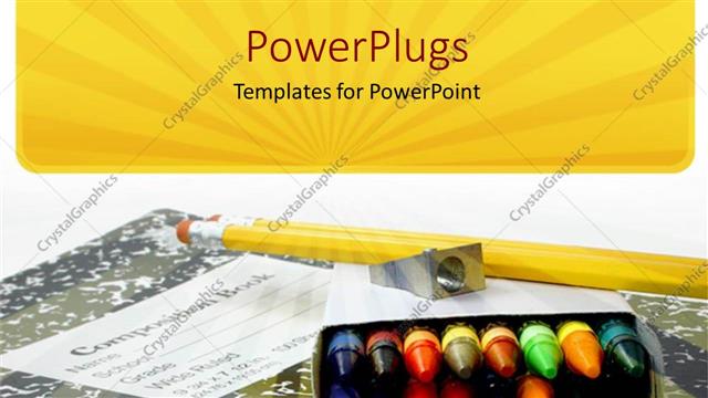  Presentation with crayons - Educational school materials of crayons, sharpener, pencil and a book