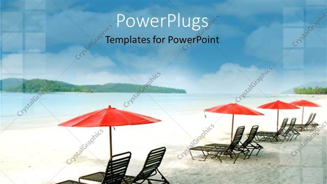  Presentation with eight - Eight beach chair lounges with red umbrellas on beach looking to the ocean
