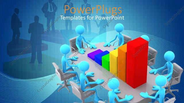  Presentation with eight - Eight blue 3D figures sitting around a meeting table with chart with colorful bar lines and business people in the blue background