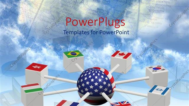  Presentation with world flags - Eight cubes with different flags attached to a USA globe