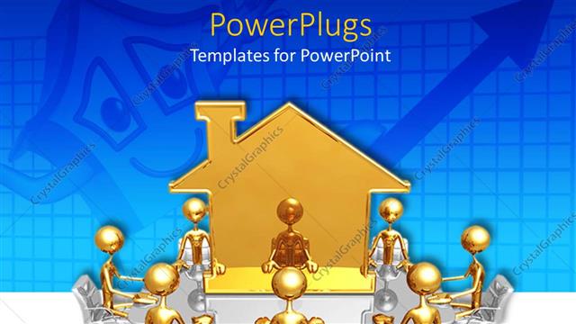  Presentation with eight - Eight gold colored 3D characters sitting round a gold colored house