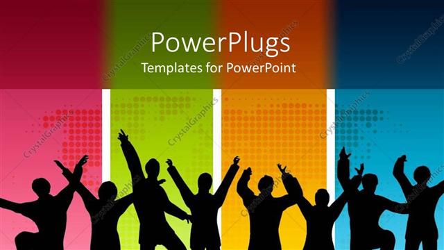  Presentation with eight - Eight happy people in front of four different colored blocks