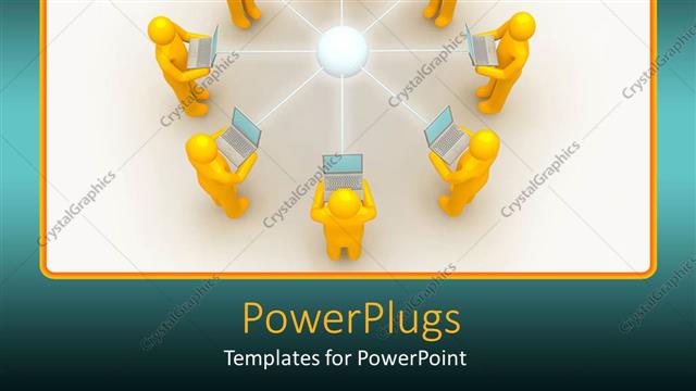  Presentation with eight - Eight men connected in star topology carrying laptops in hand