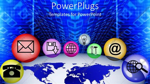  Presentation with eight - Eight multi colored bubbles with different communication symbols in them