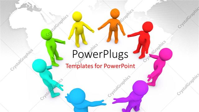  Presentation with eight - Eight multicolored 3D?characters holding hands together over a map surface