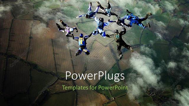  Presentation with eight - Eight sky divers in cloudy sky performing stunts