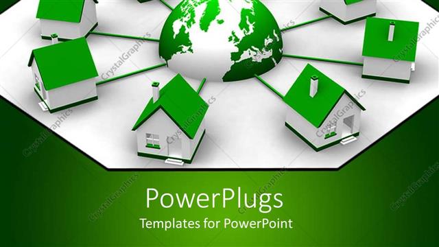  Presentation with green earth - Eight small green and white houses linked to a green earth