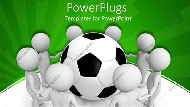  Presentation with eight - Eight white 3D figures holding hands framing a black and white soccer ball on white and green background