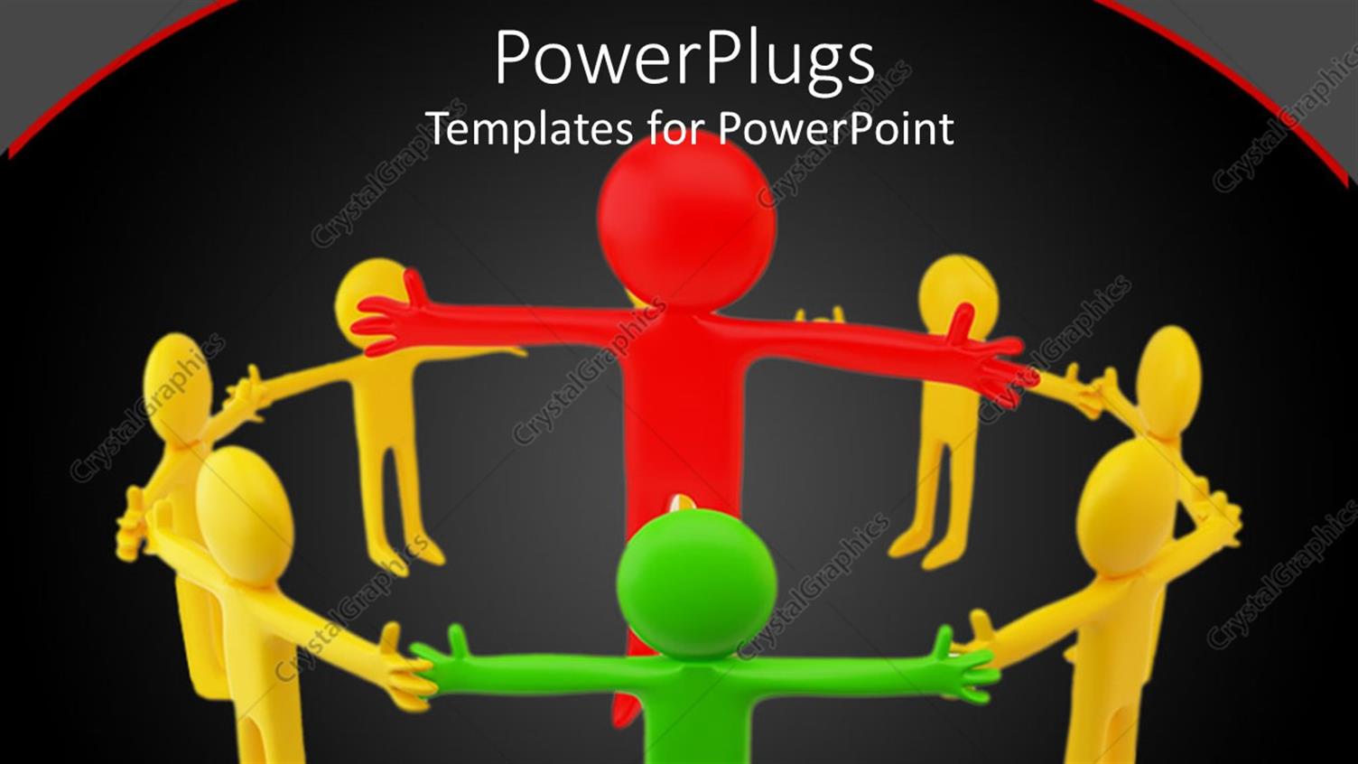 Featuring Eight Yellow and Green 3D Human Characters Standing Round a large Red One