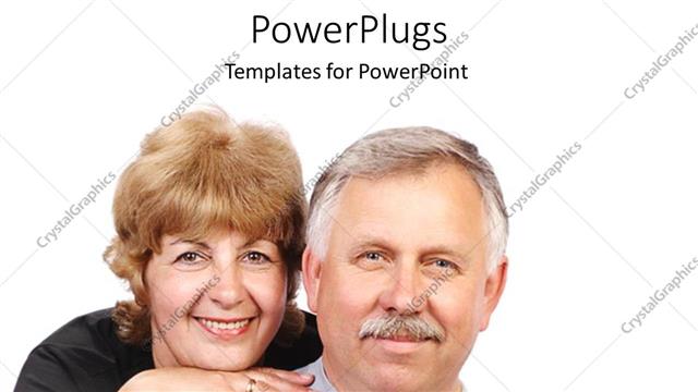  Presentation with elderly - An elderly male and female couple smiling over a white background
