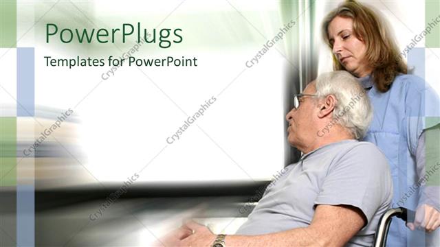  Presentation with elderly - Elderly man on wheelchair with female nurse pushing in white background