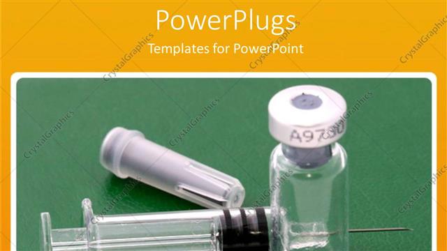  Presentation with empty - Empty vial with syringe and needle, green background, yellow border, medicine, medical, health, vaccine