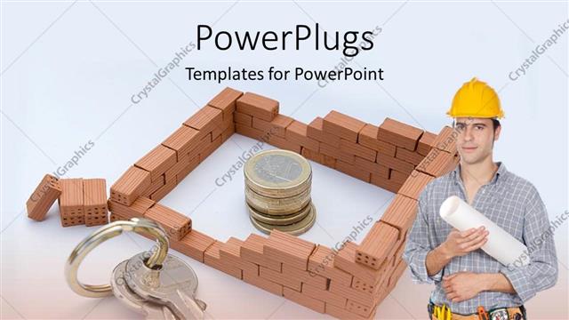  Presentation with keys - Engineer with construction helmet and brick house surrounding coins with keys