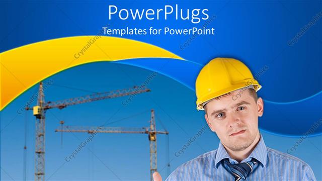  Presentation with construction cranes - Engineer giving thumbs up at construction site with cranes and building