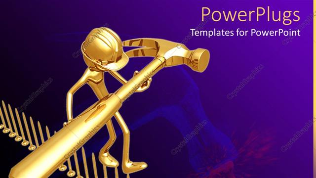  Presentation with walking - Engineer holding golden hammer walking on inverted gold pins
