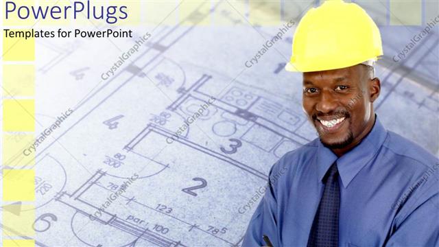  Presentation with design - An engineer smiling with a design in the background
