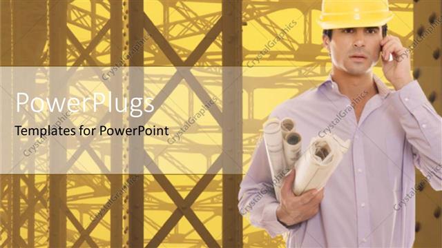  Presentation with ear - Engineer with workers yellow hard hat and construction papers blueprints in hand with phone at ear and construction site in the background