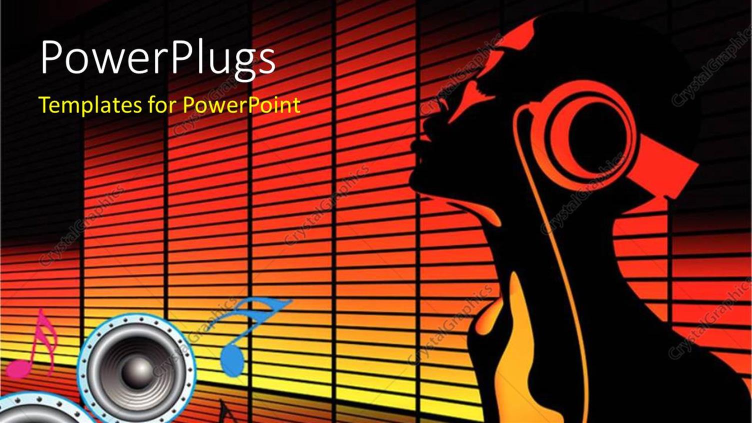 Featuring Equalizer Bars in Background with Music Symbols, Speakers and Man with Headphones 