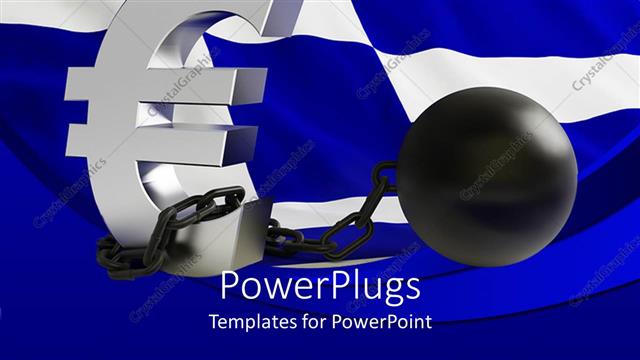  Presentation with crisis - Euro currency symbol with prisoner metal ball attached to it and Greece flag background
