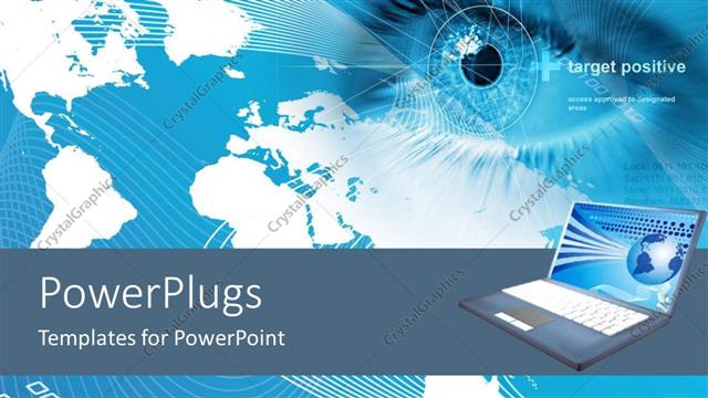  Presentation with laptop - Eyes envisioning a better world with perspective of the globe on a laptop metaphor on a blue background