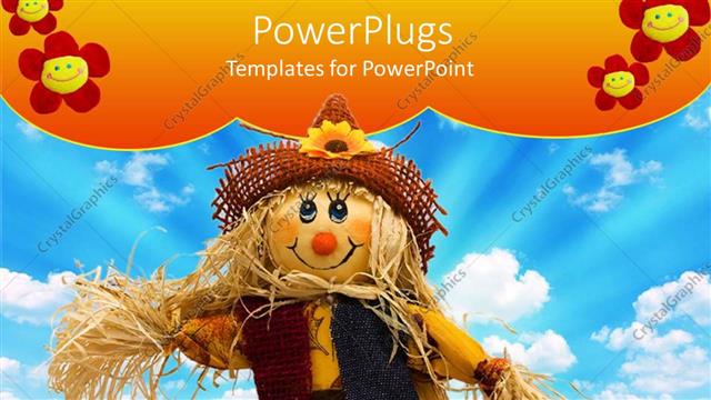  Presentation with fall leaves - Fall leaves and cloudy sky in background with scarecrow standing in middle