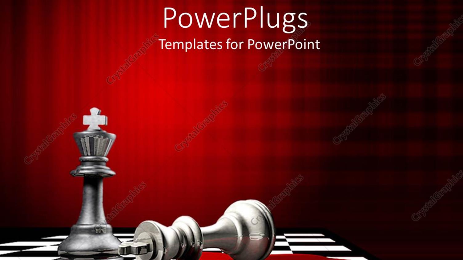 Featuring Fallen King Chess Piece Beside Upright Piece, Black and White Chess Board, Red Background