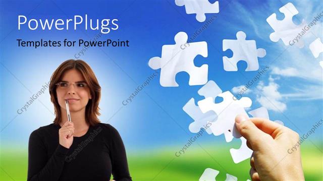  Presentation with falling jigsaw pieces - Falling jigsaw pieces with a hand catching one and a lady standing with pen in her hand, nature landscape