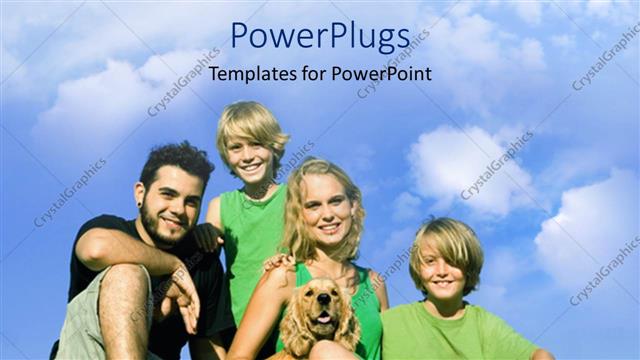  Presentation with happiness - Family of 4 with dog smiling on grass with blue sky background, happiness, mother, father, boys, kids, children