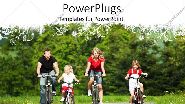  Presentation with cycling - A family cycling together on a road with green background