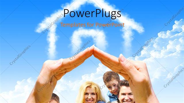  Presentation with dream - A family in a frame made of both hands and bluish background