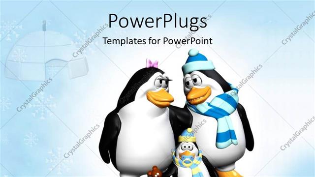  Presentation with snowflakes - Family of Penguins at winter with hut and snowflakes in background