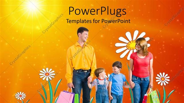  Presentation with family shopping - Family shopping with mother, father and two boy kids, orange ombre background with sun and daisies