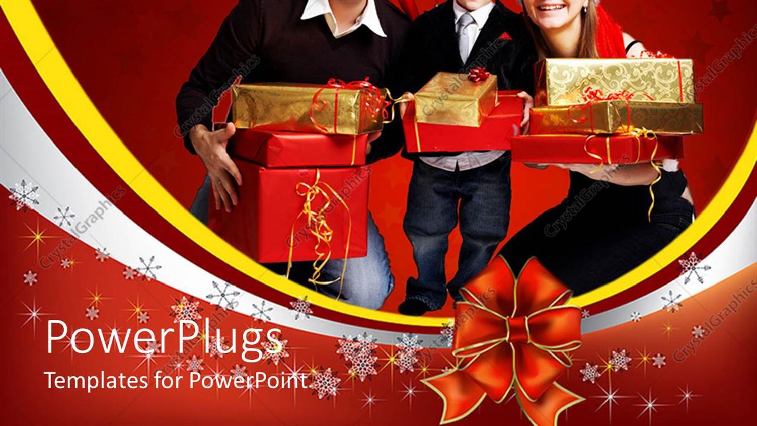 Featuring Family of Three Wearing Christmas Hats and Smiling with Presents