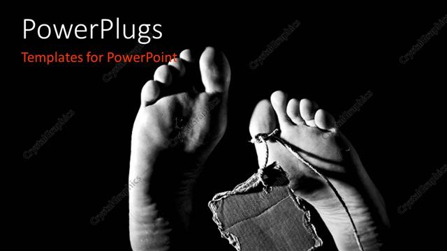  Presentation with feet - Feet of dead body with small cardboard square tied to toe