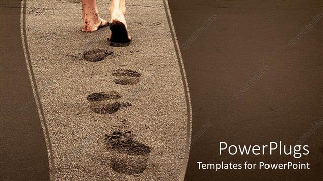  Presentation with feet - Feet of a person leaving footprints on a beach on sandy background