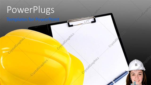  Presentation with yellow paper - A female contractor with a paper clip board and yellow construction cap