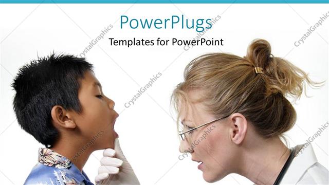  Presentation with female doctor - A female doctor examining the mouth of a little boy