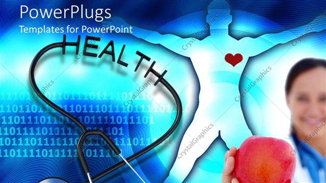  Presentation with red medical - A female doctor holding red apple with a stethoscope