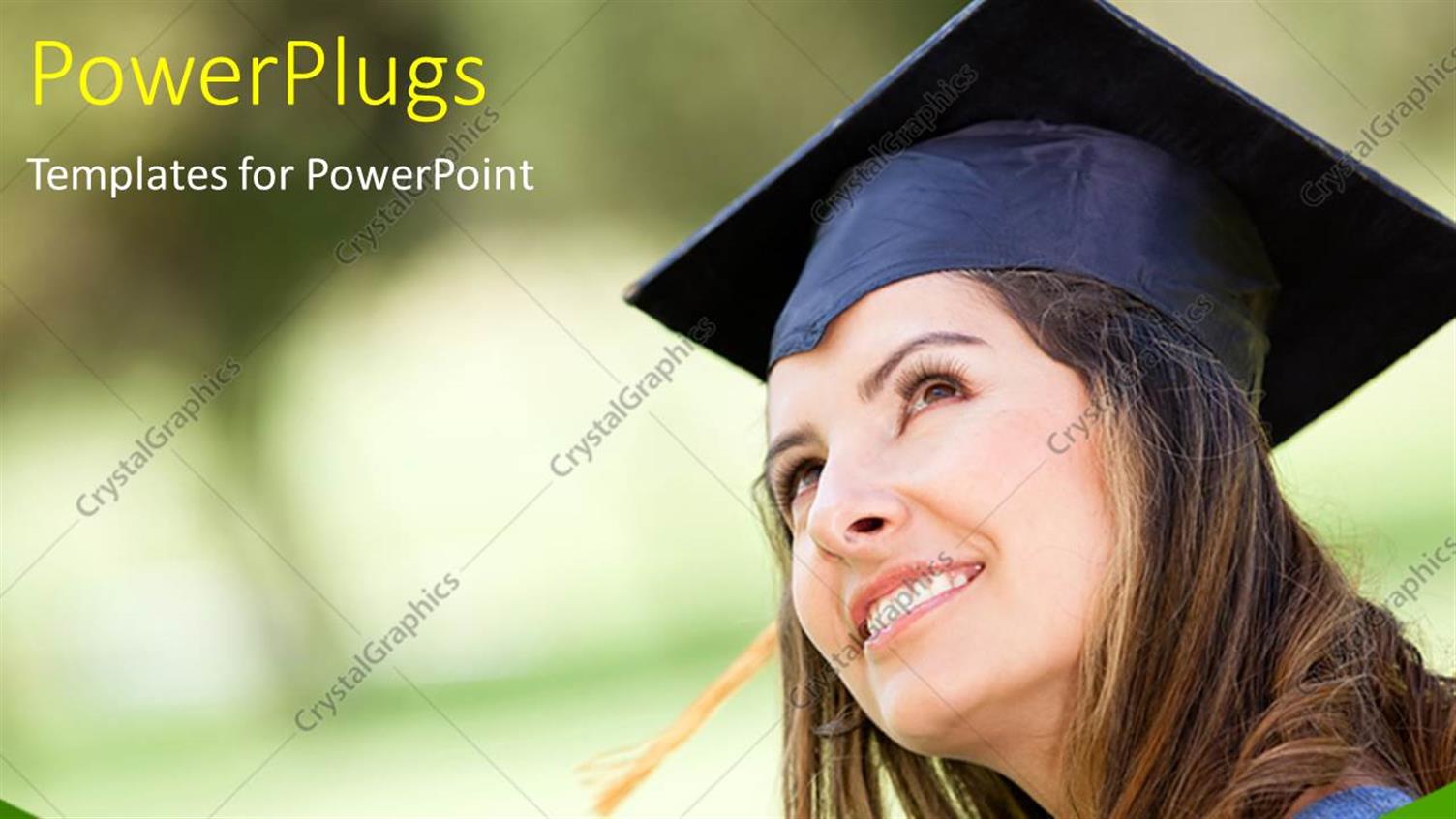 Featuring Female Graduate Wearing Convocation Hat Looking Up with Green Blurred