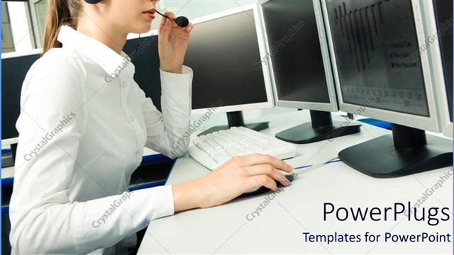  Presentation with corporate - Female office worker in white corporate shirt with a head set