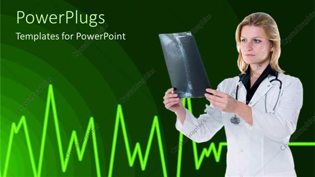  Presentation with xray - A female with stethoscope holding up an xray